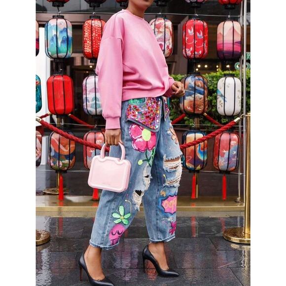 Passion of Essence Denim - High Waist Wide Leg Rhinestone Flower Horseshoe Ripped Loose Cropped Jeans